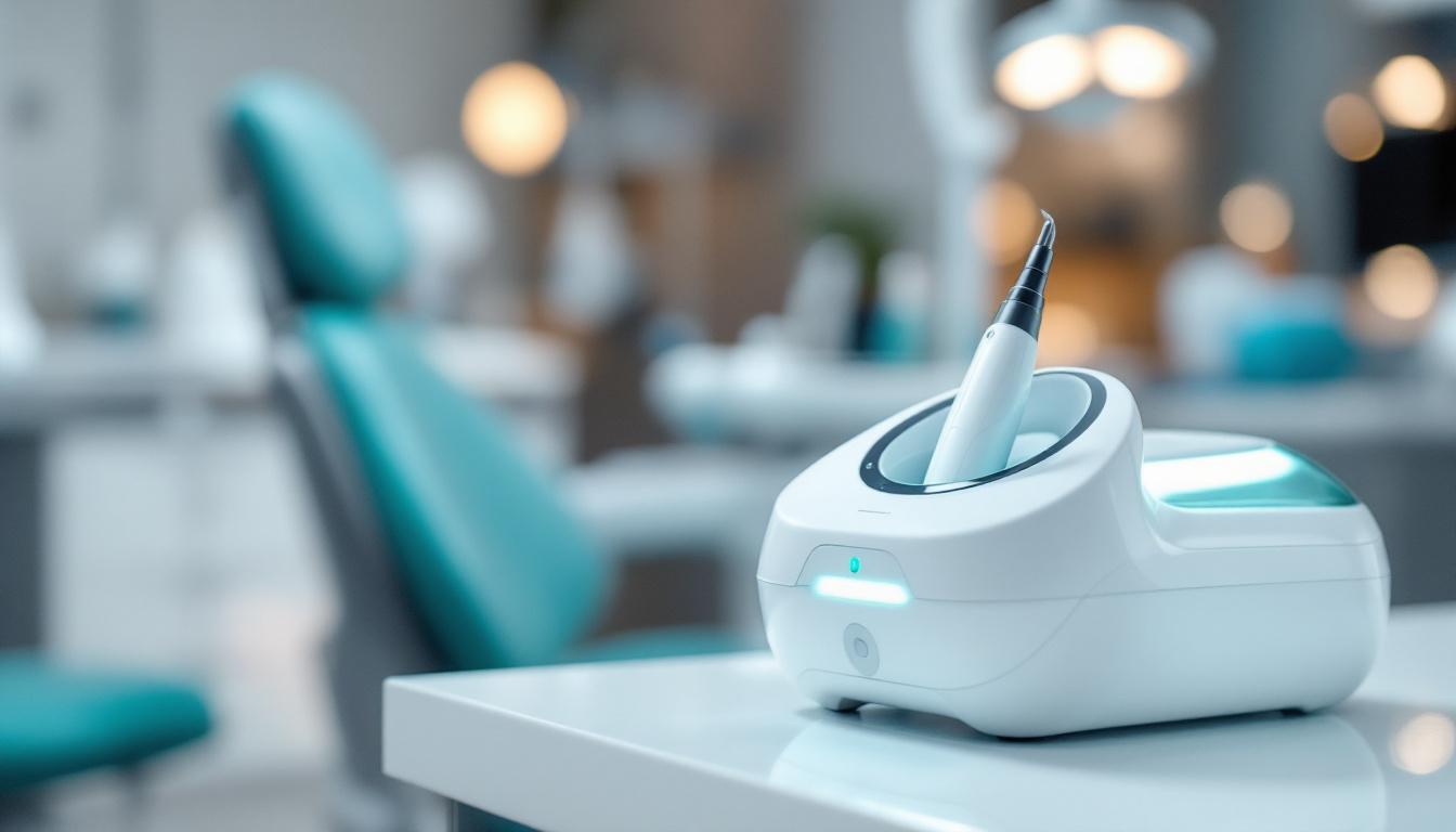 Modern dental tabletop air-polishing prophylaxis unit — illustration for the 2025 trehalose meta-analysis review